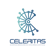 Logotipo da Celeritas com símbolo circular em forma de engrenagem estilizada e texto “Celeritas – Olimpíada Brasileira de Inteligência Artificial”.