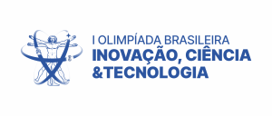 Logotipo da I Olimpíada Brasileira de Inovação, Ciência e Tecnologia com figura do Homem Vitruviano envolto por orbitais azuis.