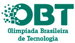 Logotipo da OBT com letras em verde e efeito de pixels à esquerda, seguido do texto “Olimpíada Brasileira de Tecnologia”.