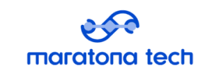 Logotipo azul da Maratona Tech com símbolo de circuito eletrônico acima do texto “maratona tech” em fonte arredondada.