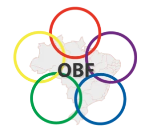 Logotipo da OBF (Olimpíada Brasileira de Física), com o mapa do Brasil e anéis coloridos.