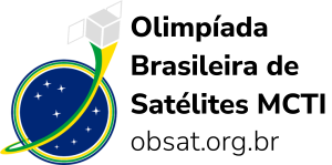 Logotipo da Olimpíada Brasileira de Satélites MCTI, com o emblema da bandeira do Brasil e o site.