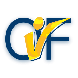 A imagem é um logotipo da OIF, com letras em azul escuro e um 