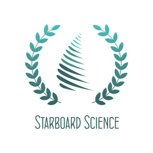 Logotipo da Starboard Science. Duas coroas de louros verdes cercam uma forma oval com linhas horizontais.