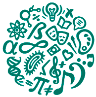 Uma esfera preenchida com ícones verde-azulados representando diversas áreas do conhecimento como matemática, ciências e artes.